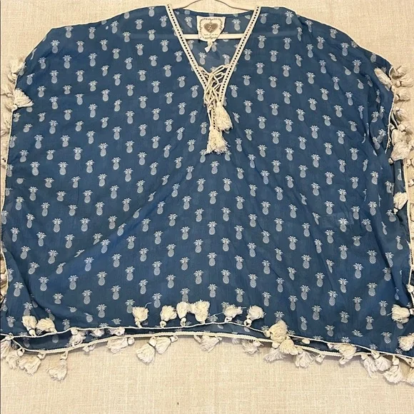 Z&L Coverup Women’s S/M Blue Pineapple Print Swim Bohemian Beach Resort Kaftan - Picture 12 of 14